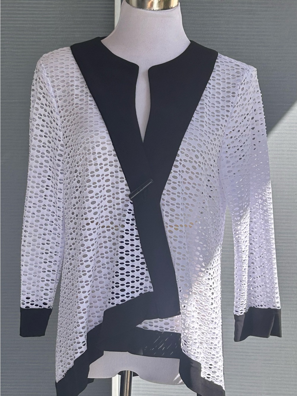 Open-Weave White Cardigan with Black Trim